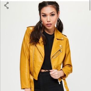 Zara basic mustard yellow moto jacket size L faux leather